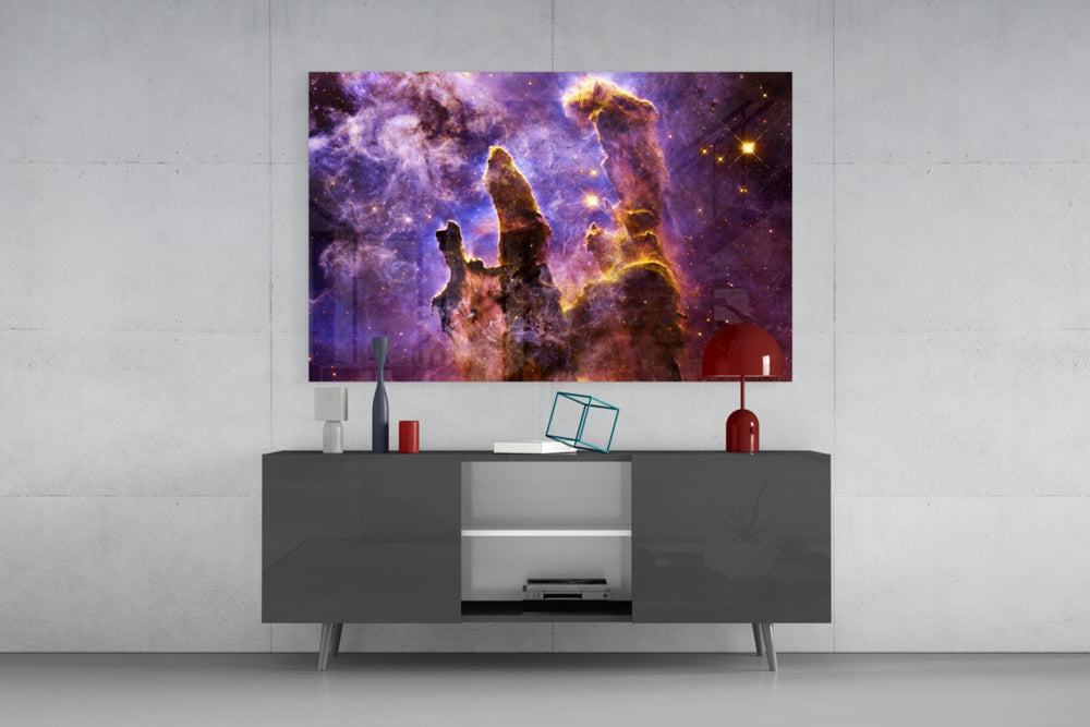 Space Lilac glass wall art catching light to reveal its painted lilac nebula