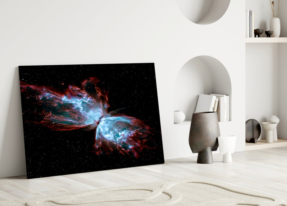 Close-up detail of cyan-emerald nebula wings behind glass