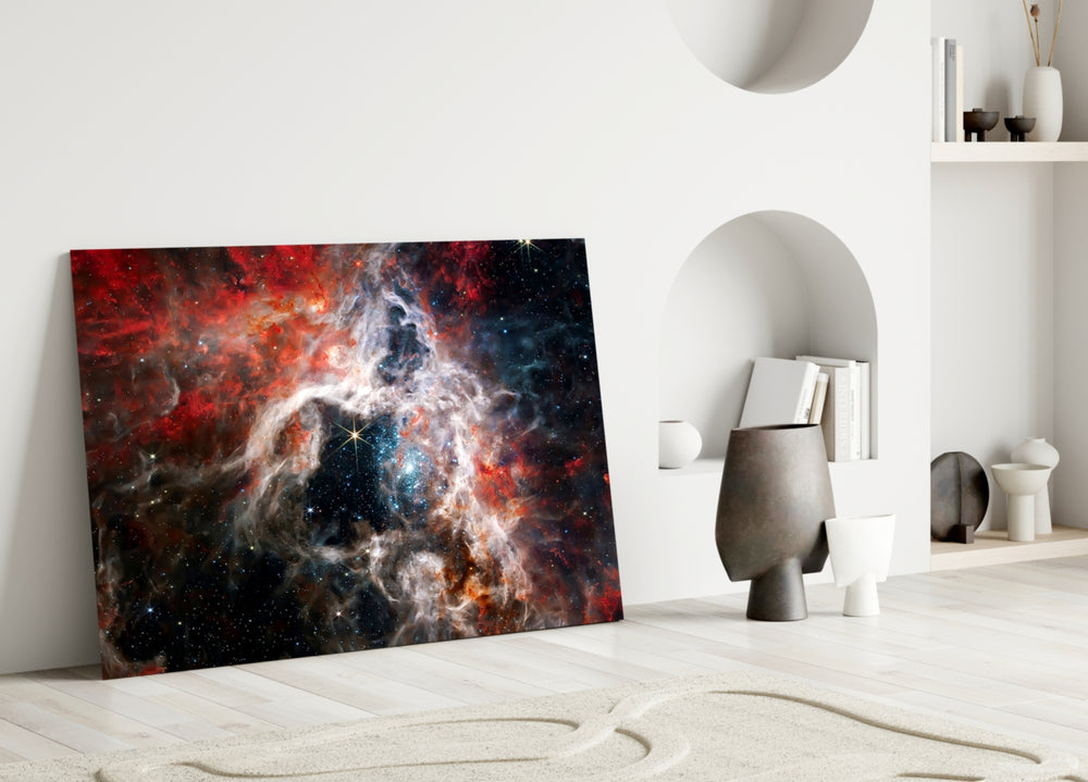 Close-up detail of Tarantula Nebula filaments behind glass