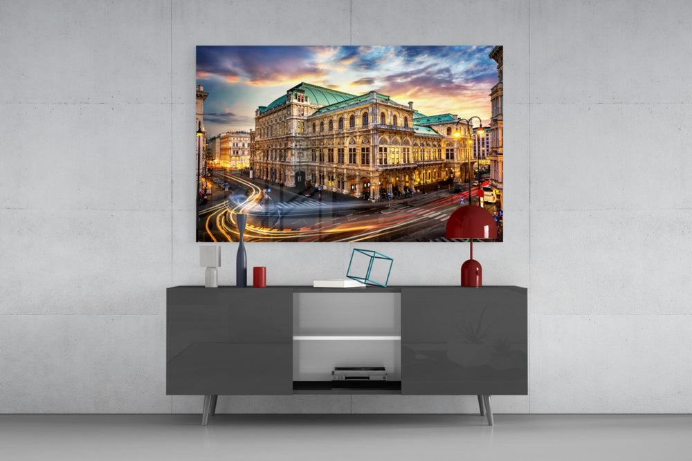 Vienna State Opera glass wall art catching light to reveal its painted twilight tones