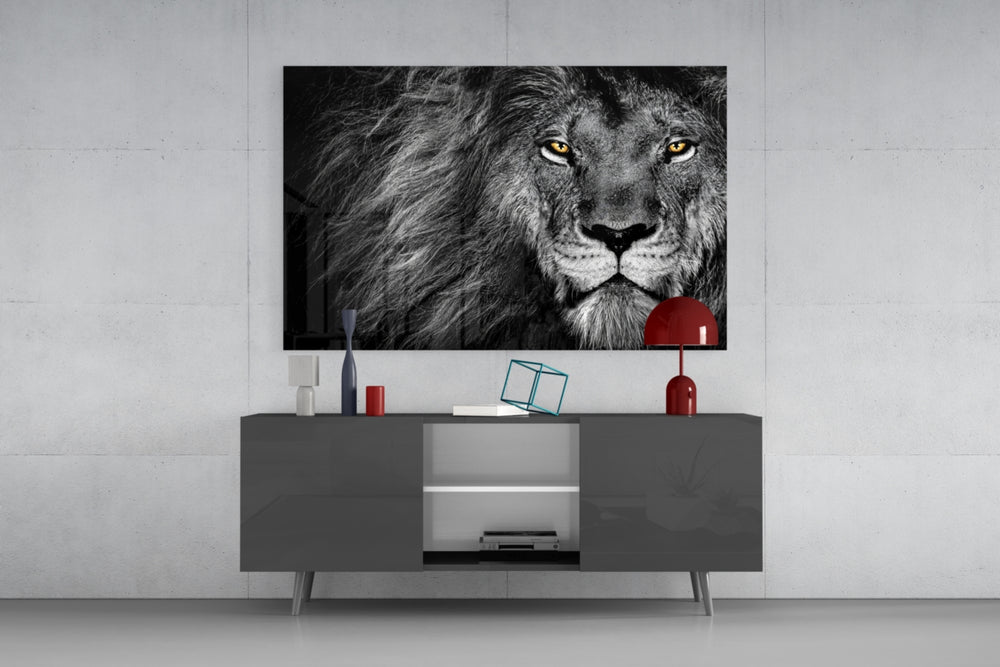 Lion glass wall art catching light to reveal its painted selective amber eyes