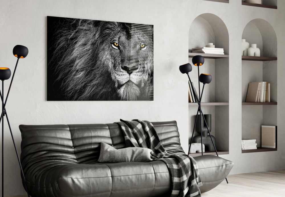 Lion artwork styled in a man cave interior