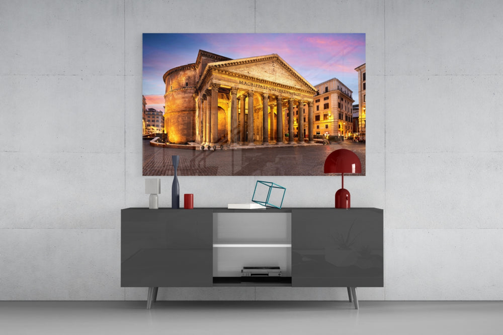 Pantheon glass wall art catching light to reveal its painted twilight tones