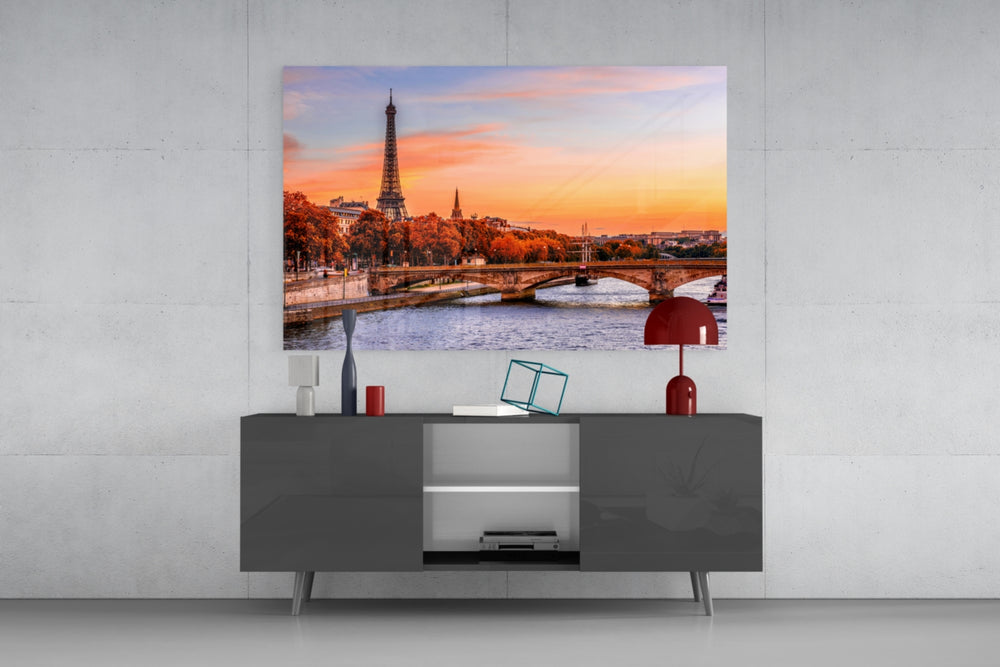 Eiffel Tower glass wall art catching light to reveal its painted autumn tones