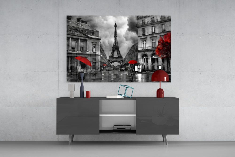 Eiffel Tower glass wall art catching light to reveal its painted scarlet umbrellas