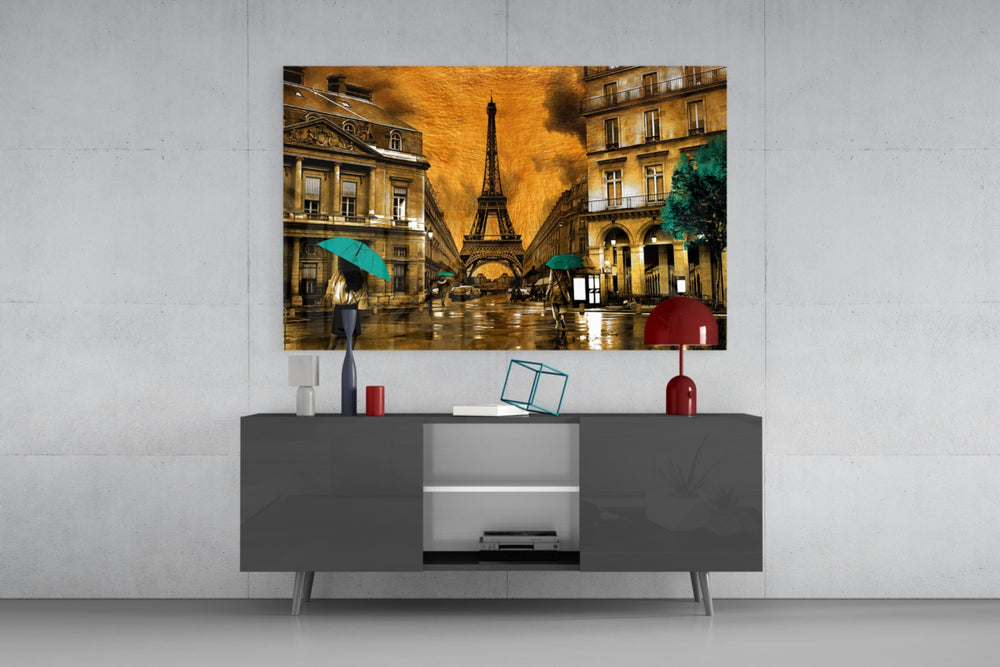 Eiffel Tower glass wall art catching light to reveal its painted teal umbrellas
