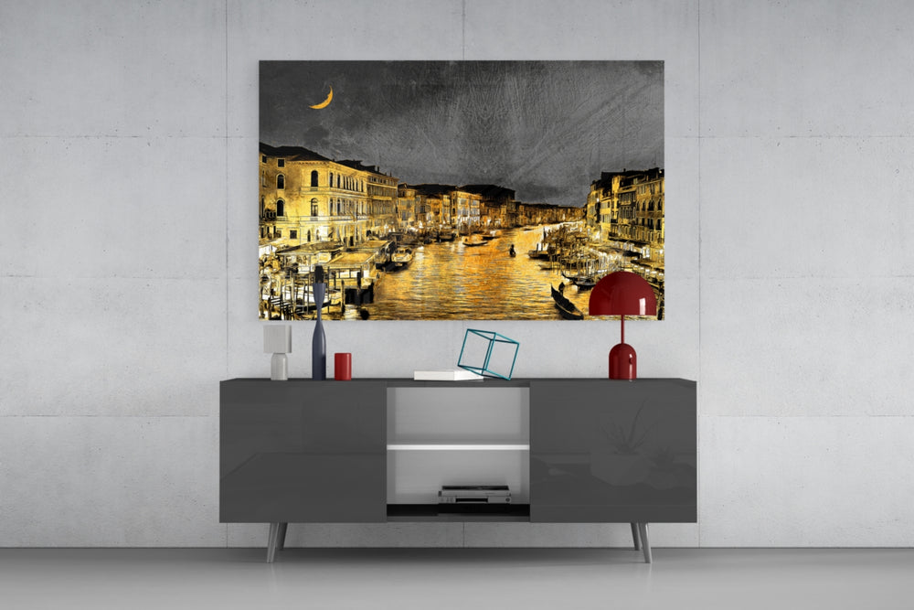 Venetian glass wall art catching light to reveal its painted moonlit gold