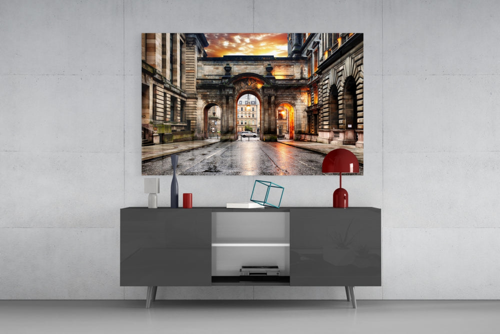 George Square glass wall art catching light to reveal its painted sandstone twilight