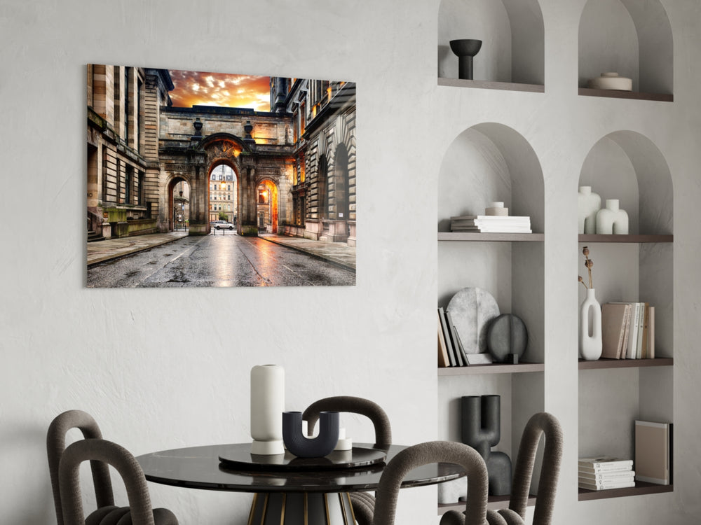 Cinematic travel print bringing Glasgow edge to a hallway