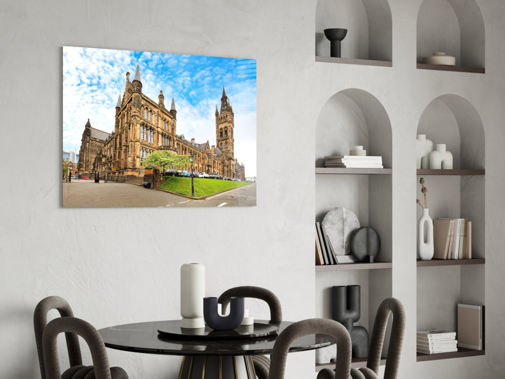 Cinematic travel print bringing academic edge to a hallway