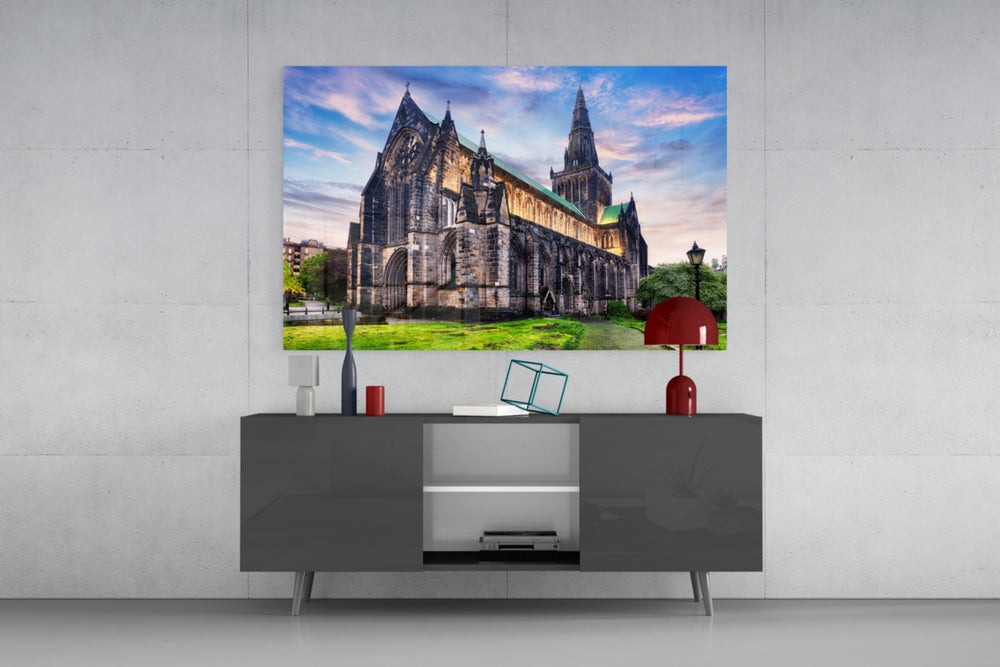 Glasgow Cathedral glass wall art catching light to reveal its painted twilight tones