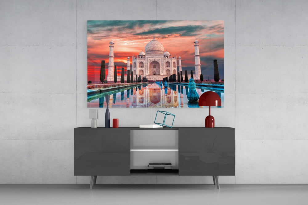 Taj Mahal glass wall art catching light to reveal its painted scarlet sky