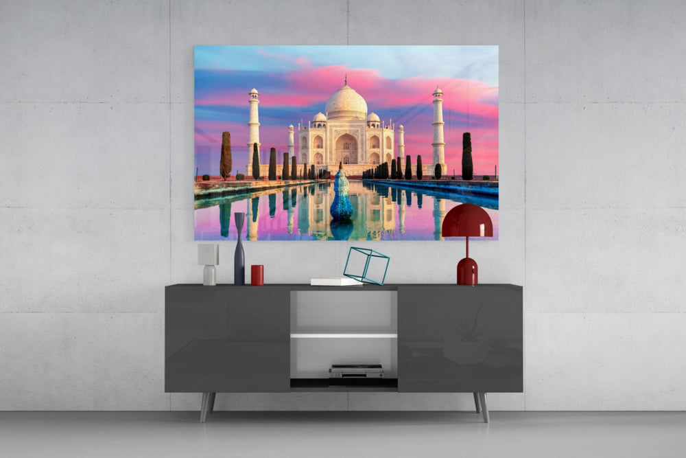 Taj Mahal glass wall art catching light to reveal its painted dawn tones