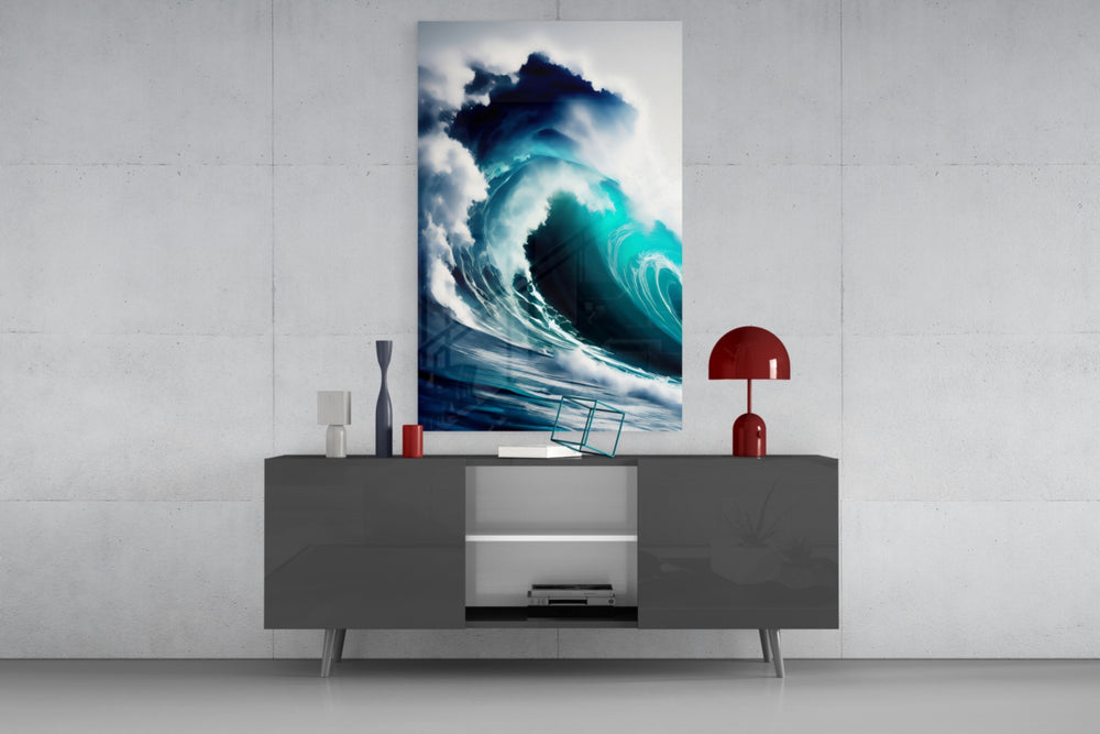 Waves glass wall art catching light to reveal its painted turquoise barrel