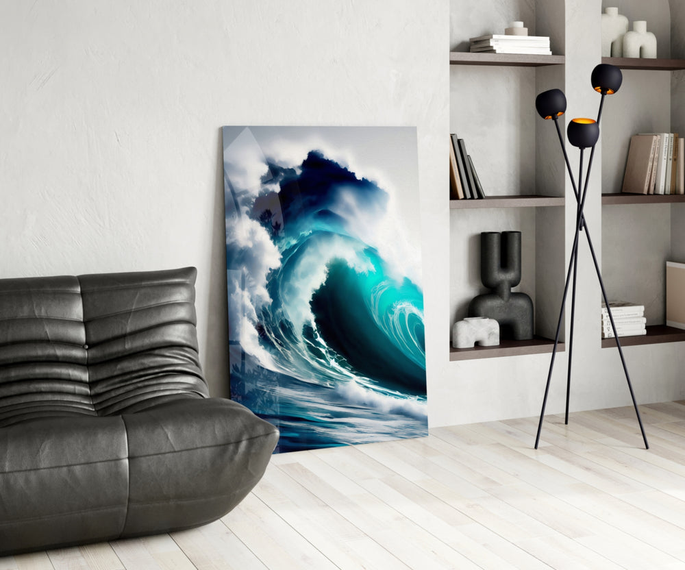 Cinematic surf print bringing ocean edge to a hallway