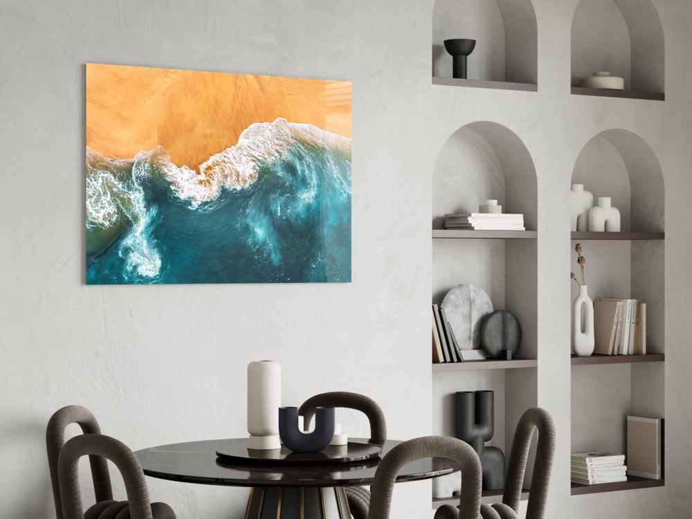 Cinematic coastal print bringing aerial edge to a coastal-themed bedroom