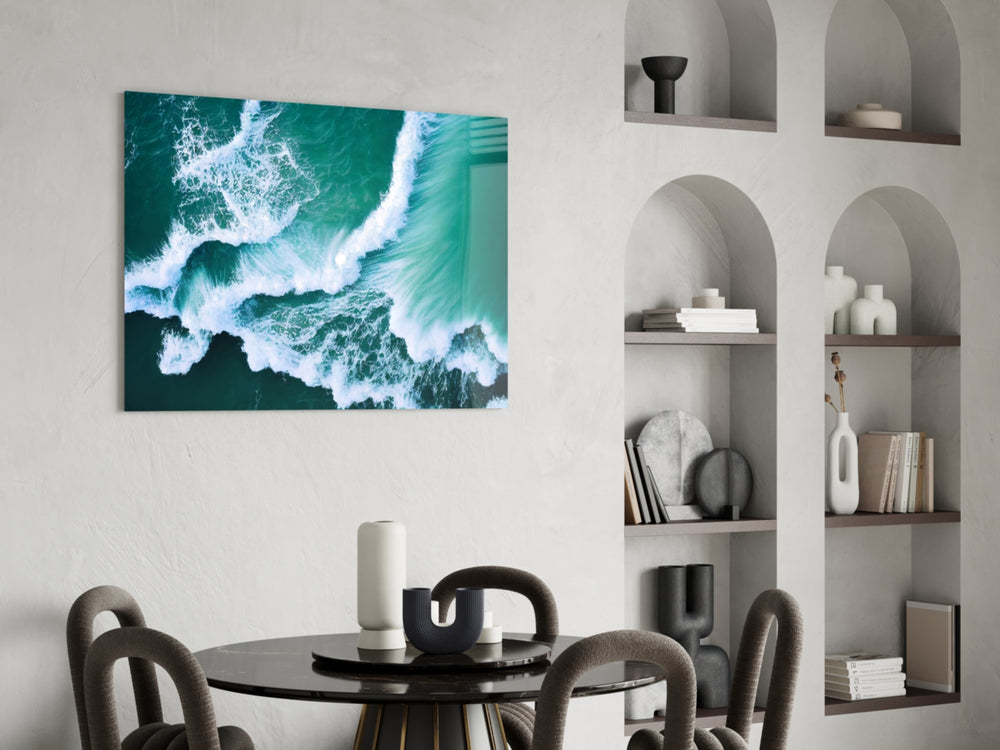 Cinematic coastal print bringing aerial edge to a coastal-themed bedroom