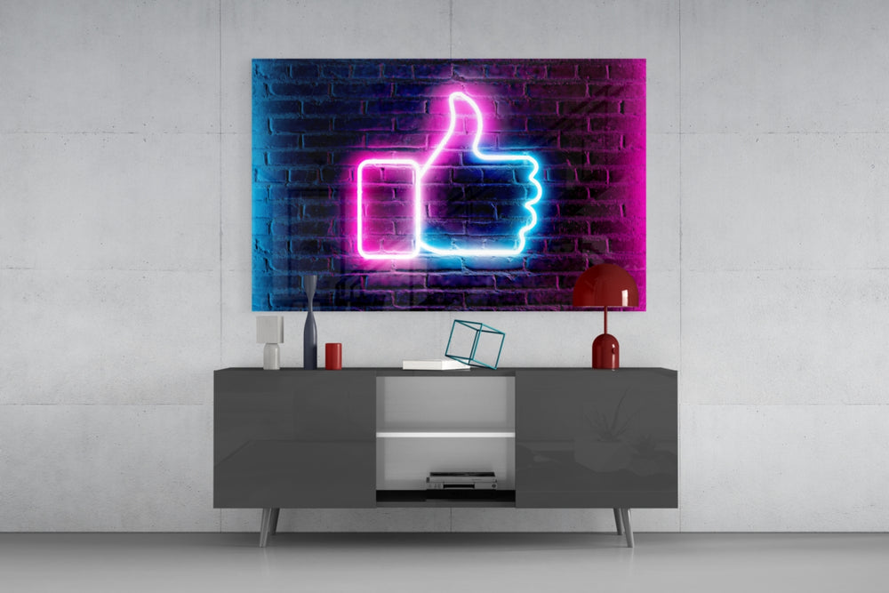 Backlit Like-button cinematic glass wall art in nightclub-style den