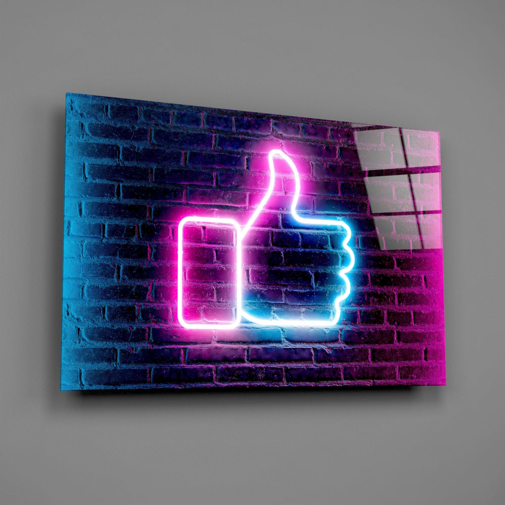 Magenta-cyan thumbs-up sign glass wall art over modern teen-lounge sofa
