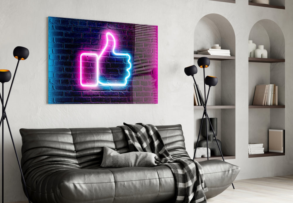 Neon thumbs-up brick-wall cinematic glass wall art over walnut bar cabinet