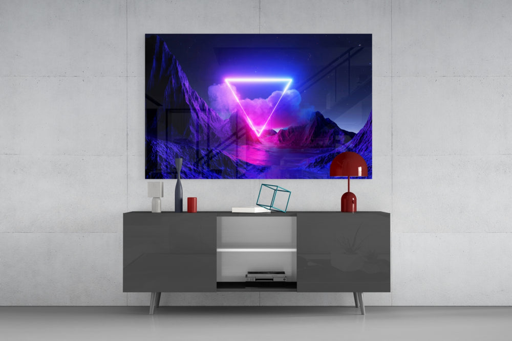 Neon synthwave landscape cinematic glass wall art in modern home media room
