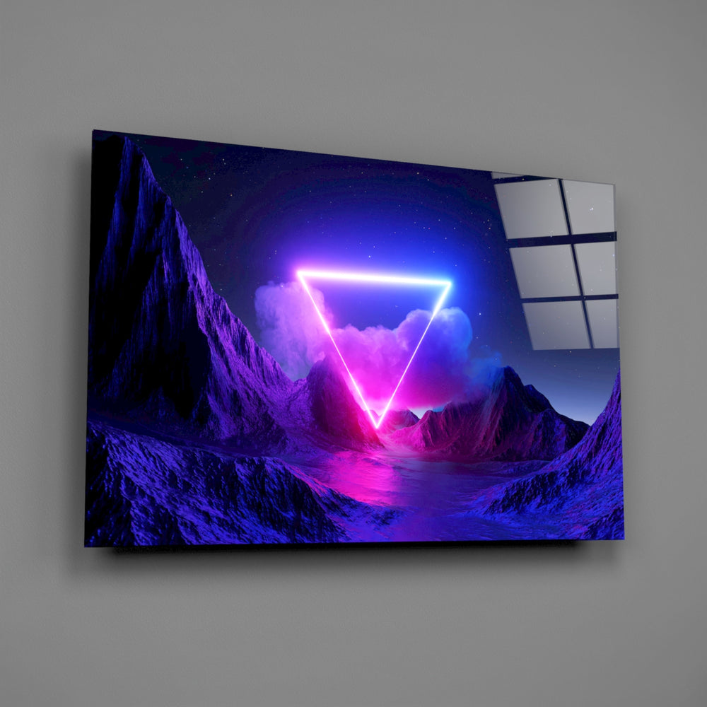 Synthwave sci-fi triangle glass wall art over modern gamer setup