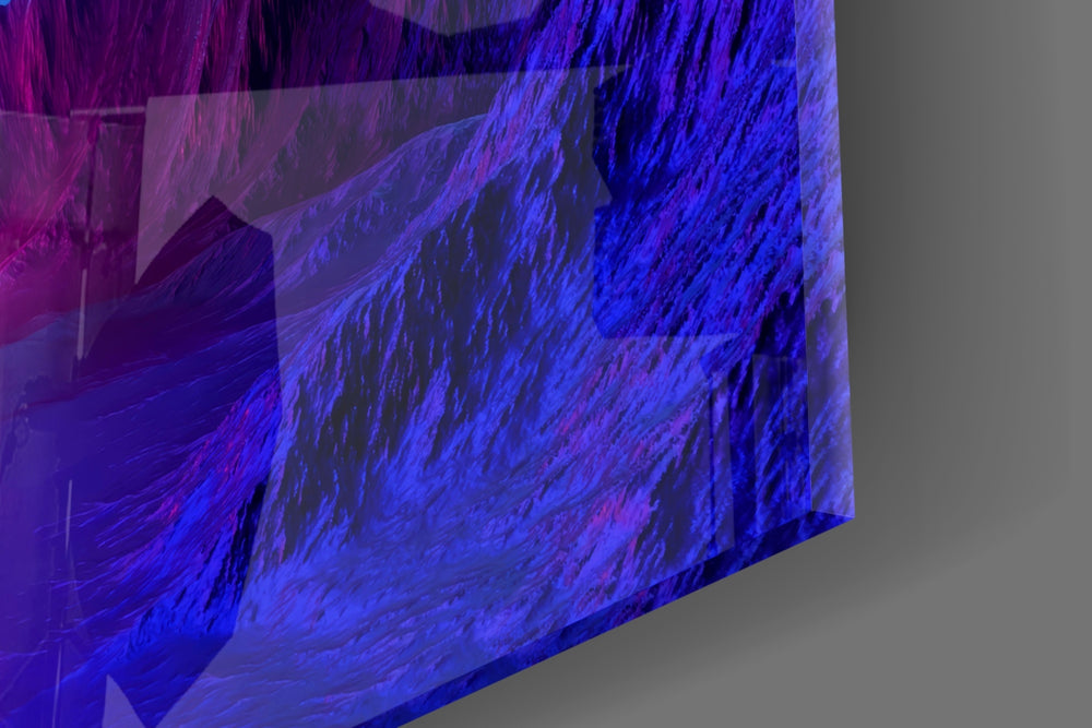 Magenta-and-cobalt landscape cinematic glass wall art beside modern bar console