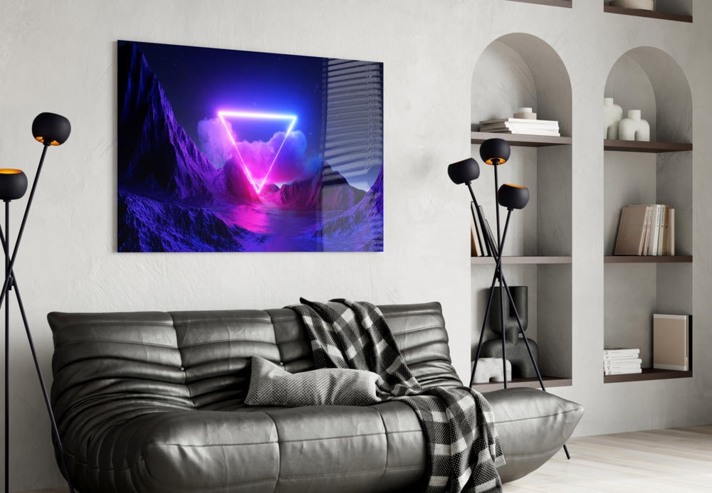 Sci-fi neon-triangle cinematic glass wall art in designer-luxury entryway