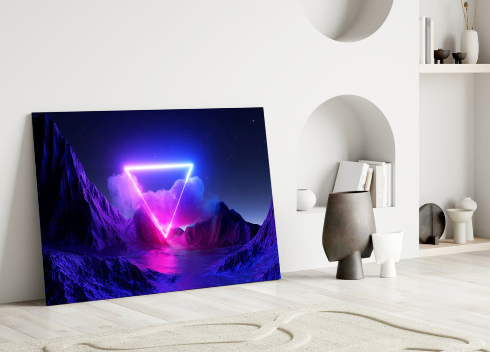 Magenta-cobalt landscape cinematic glass wall art in tasteful boys' bedroom