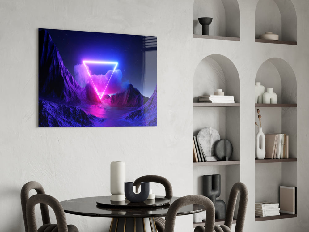 Synthwave starfield landscape cinematic glass wall art over master-bedroom headboard