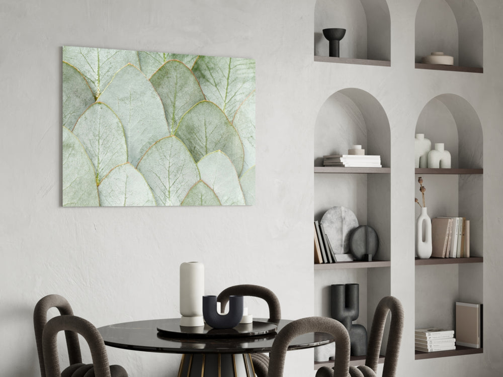 Scandinavian botanical cinematic glass wall art in light-filled garden room