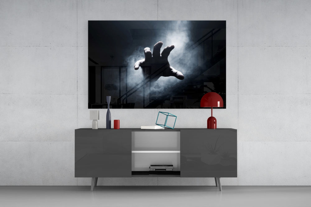 Cinematic reaching-hand glass wall art in horror-fan's lounge