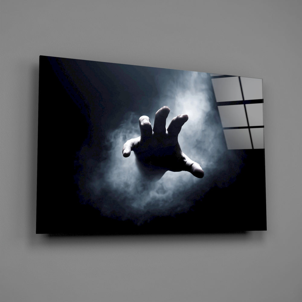 Cinema-still horror cinematic glass wall art over modern living-room sofa