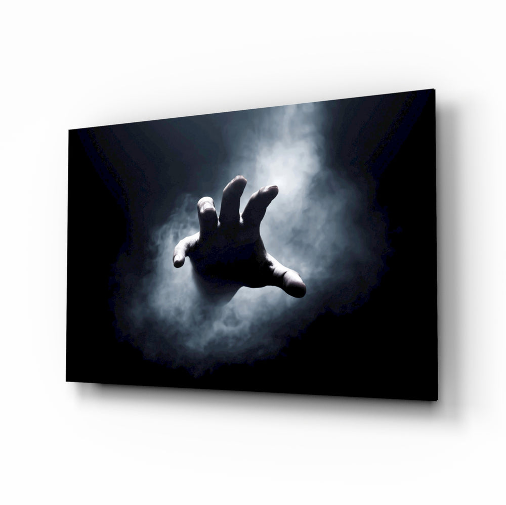 Reaching hand smoke cinematic glass wall art above black media console