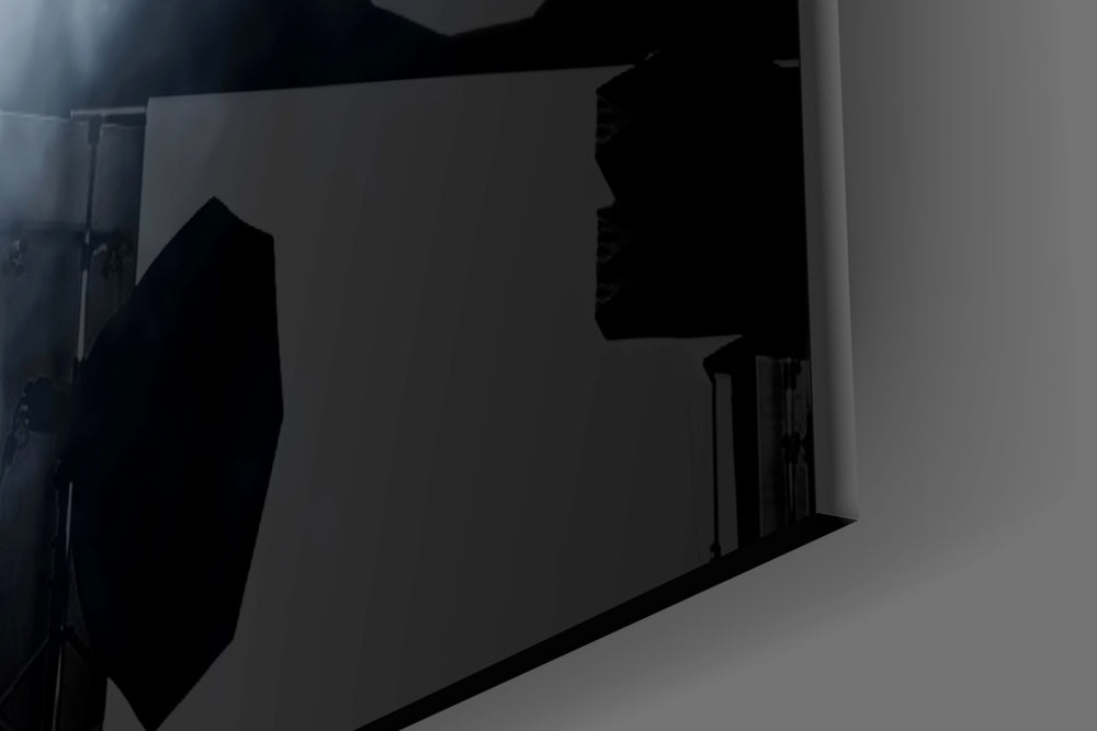 Smoke-hand cinematic glass wall art in designer hallway