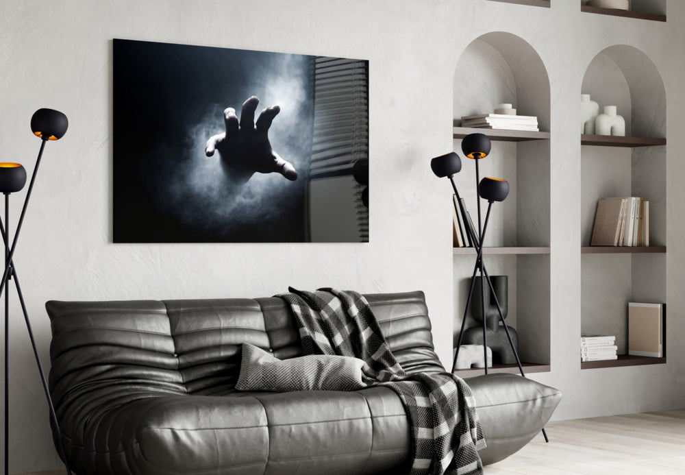 Film-still reaching hand cinematic glass wall art in gentleman's study reading nook