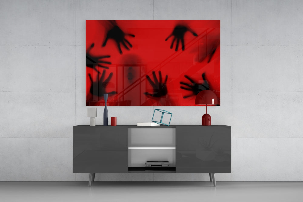 Cinematic horror silhouette glass wall art in dramatic den