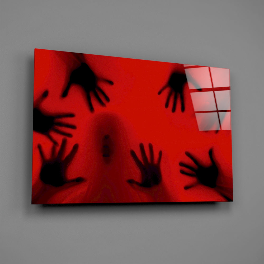 Crimson scream silhouette cinematic glass wall art over modern living-room sofa