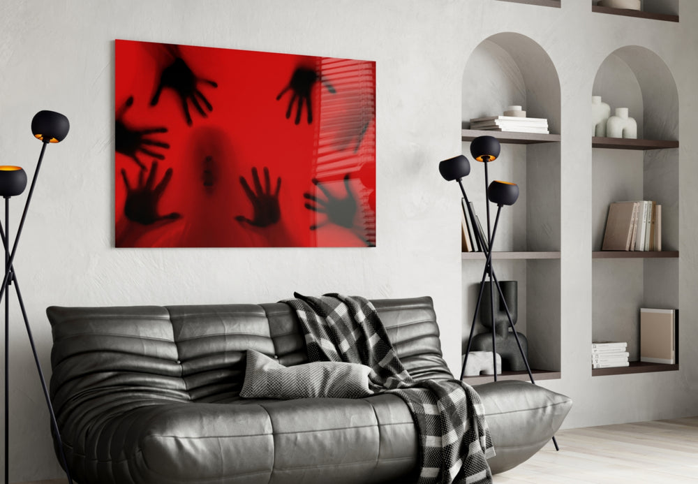 Cinema-poster handprint cinematic glass wall art in horror-fan's lounge