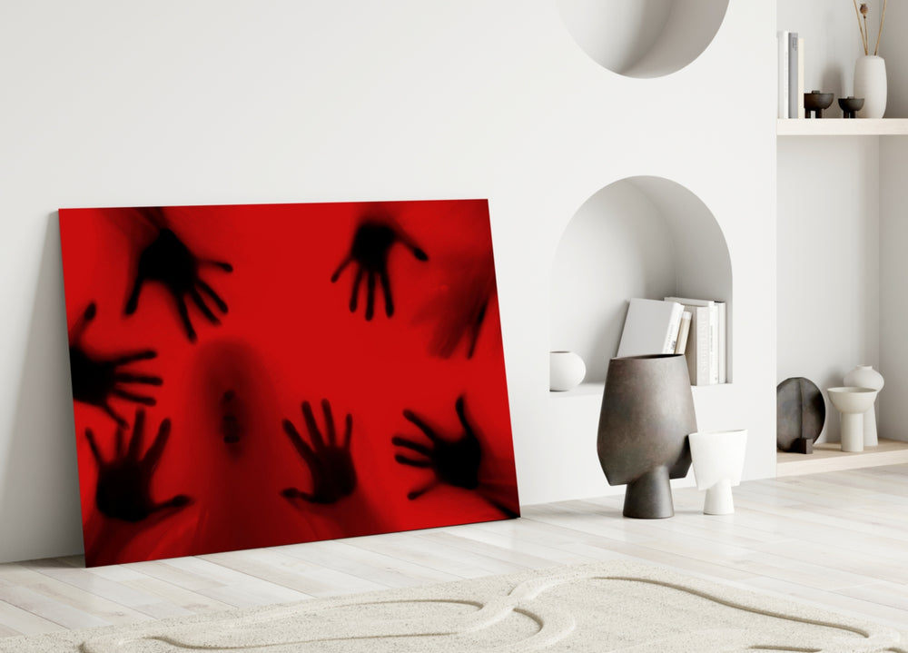 Atmospheric horror-poster cinematic glass wall art in designer cinema-room
