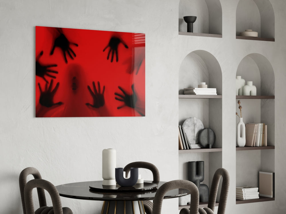 Trapped-figure crimson cinematic glass wall art over master-bedroom headboard
