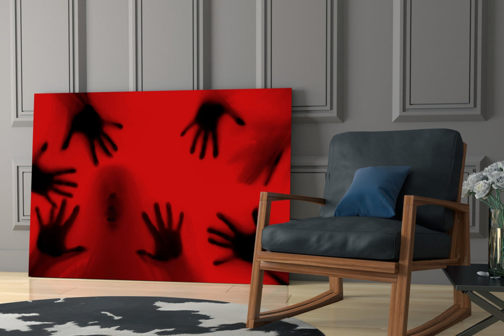 Halloween-style horror cinematic glass wall art in modern home theater