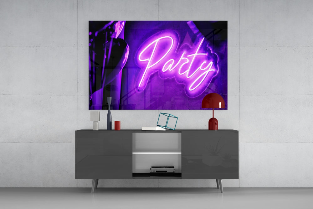 Violet neon sign cinematic glass wall art in entertainment-room