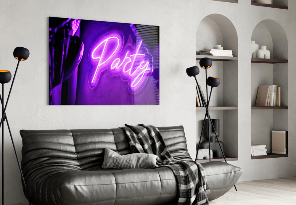 Violet hand-script Party cinematic glass wall art over walnut bar cabinet