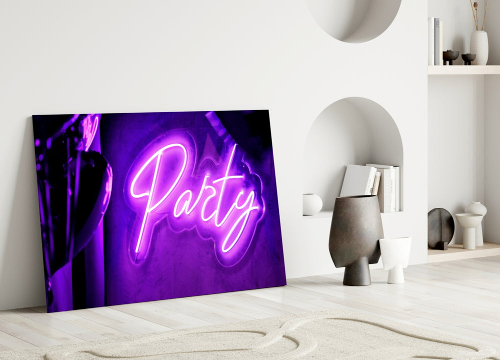 Nightclub neon-script cinematic glass wall art in designer den