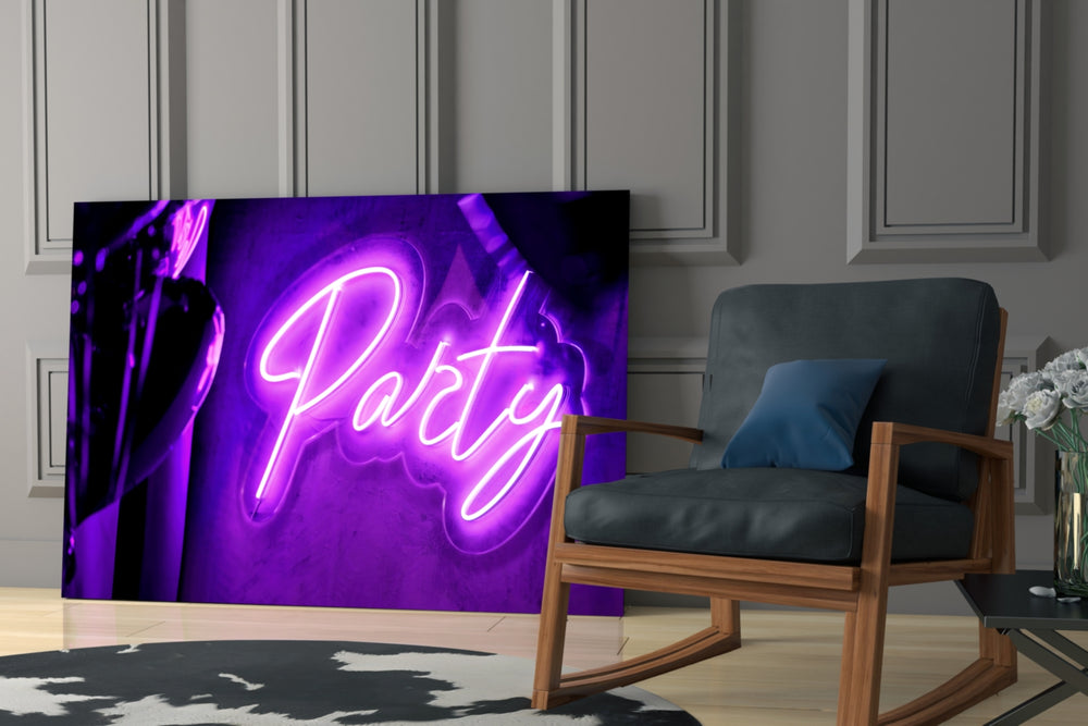 Party-sign cinematic glass wall art over modern dining sideboard