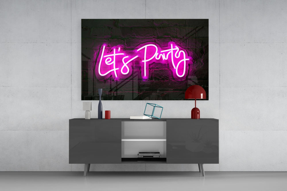 Magenta neon sign cinematic glass wall art in entertainment-room
