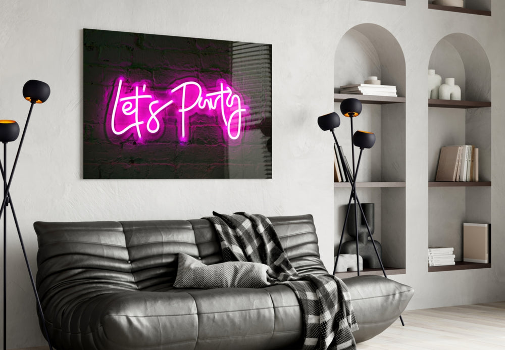 Magenta hand-script Let's-Party cinematic glass wall art over walnut bar cabinet