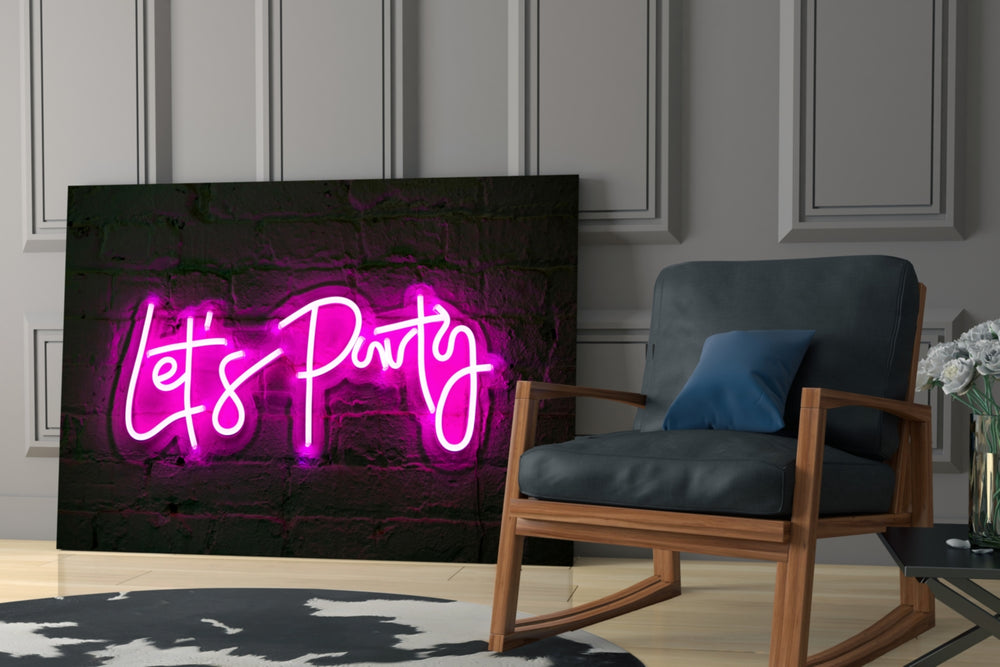 Party-sign cinematic glass wall art over modern dining sideboard