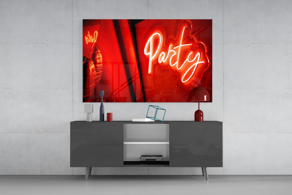 Scarlet neon sign cinematic glass wall art in entertainment-room